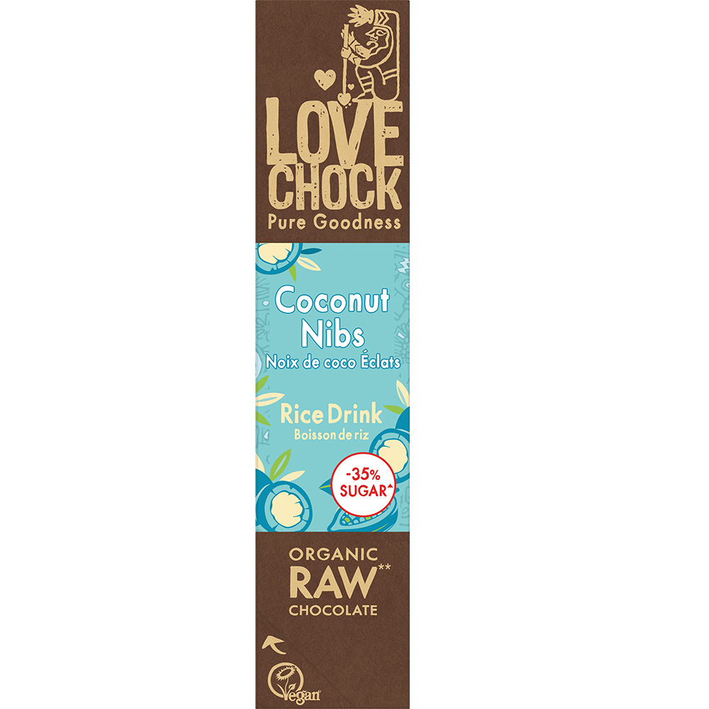 Raw chocolate with coconut and cocoa nibs 40g Mahe LOVECHOK tooršokolaadi batoon kookose ja kakao nipsidega 40 g